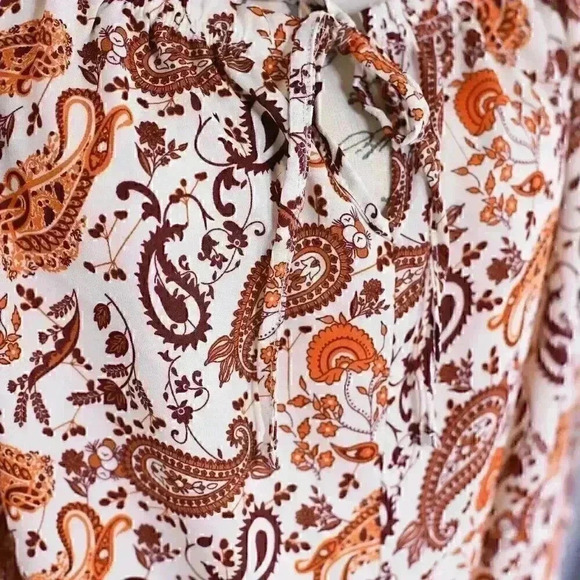 Stella Tweed XL paisly print brown/orange/tan tie front pullover shirt - Picture 3 of 14
